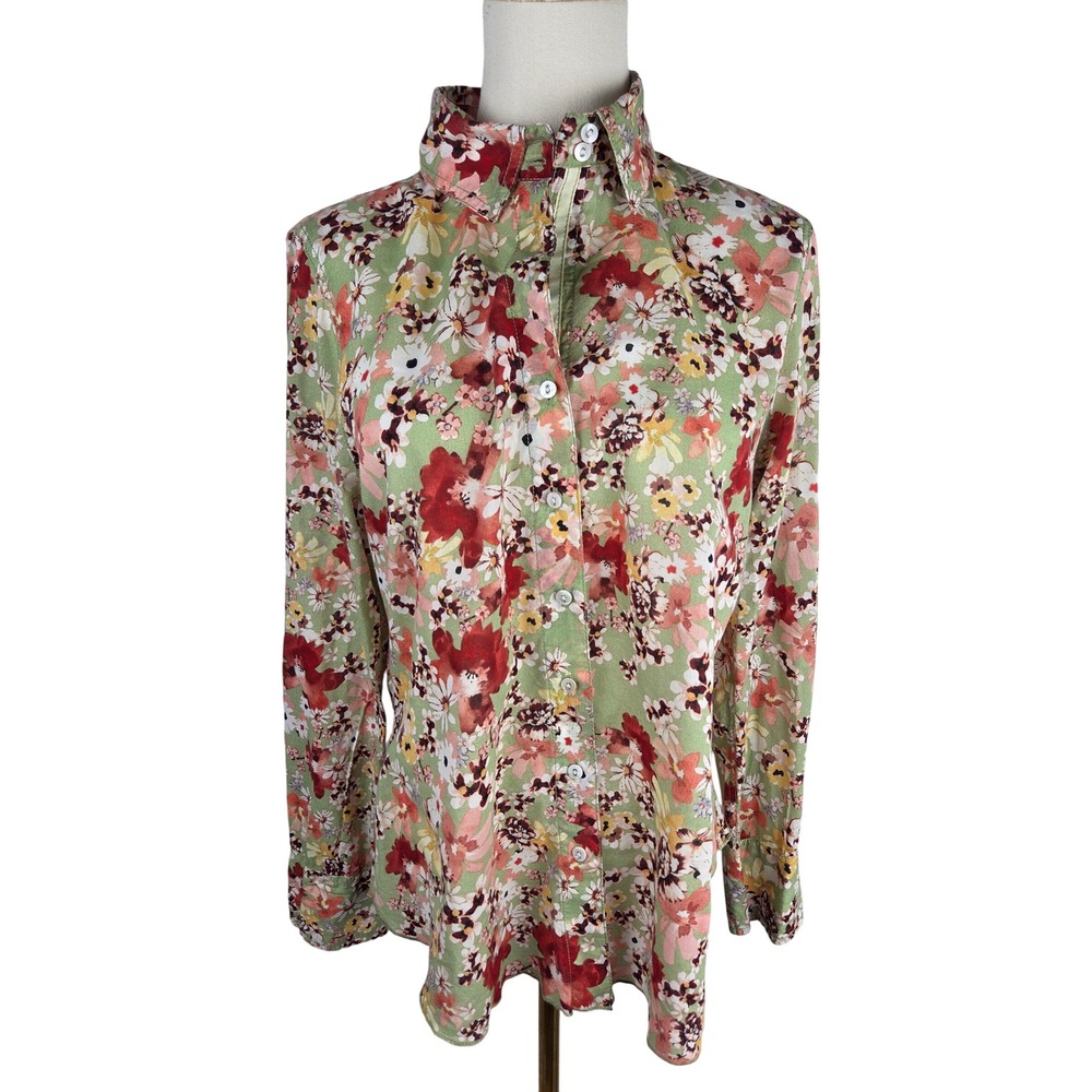 Cino Floral Button Down Shirt Small Green Red Cotton Long Sleeve Blouse